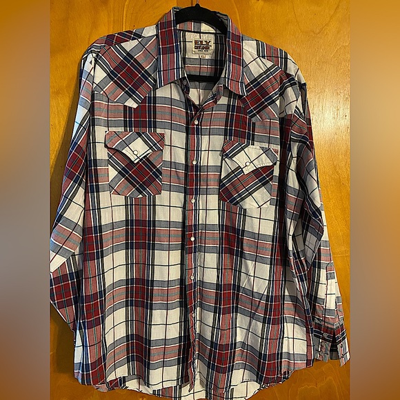 Ely Cattleman Chemise Hommes XXL Bleu à Carreaux Ouest Perle Snap Coton